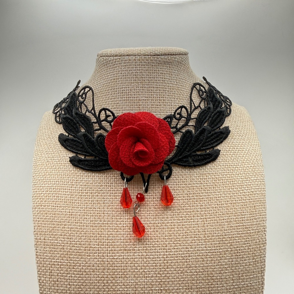Whimsigoth Moody Witchy Victorian Goth Rose Lace Choker Necklace OS Black Red
